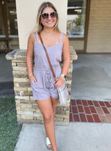 Earth Gray Front Tie Short Jumper w/Adjustable Straps & Pockets