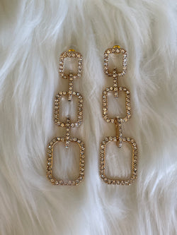 Gold & Rhinestone Rectangle 3 Tiered Earrings