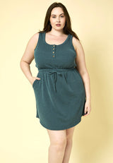 Teal Ribbed Sleeveless Plus Size Dress w/Pockets & Drawstring Tie Waist