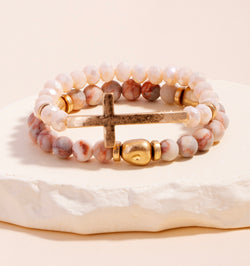 Light Pink Natural Stone & Gold Beads w/Cross Set of 2 Stretch Bracelets