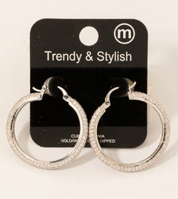 Glam Cubic Zirconia Pave Rhodium Dipped Hoop Earrings