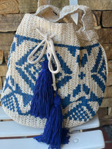 Blue & Natural Bucket Bag w/Cinch Tassel Drawstring