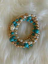 Turquoise, Gold & Pearl Set of 5 Stretch Beaded Bracelets