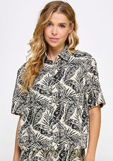 Ecru & Black Tropical Leaf Print Button Down Short Sleeve Shirt