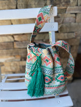 Aztec Green & Coral Bucket Bag w/Cinch Tassel Drawstring