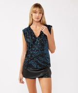 Midnight Blue & Black Print Split Neck W/Tie Sleeveless Top by Lovestitch