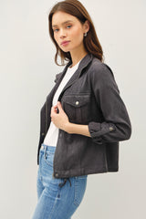 Charcoal Utility Crop Safari Jacket W/Zip Closure & Buttons and Drawstring Bottom