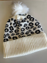 Ivory Leopard Print Fur Pom Pom Beanie