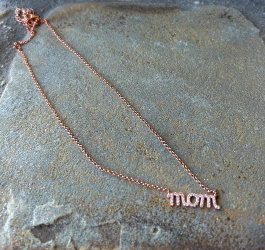 Rose Gold Rhinestone “Mom” Sterling Silver Necklace