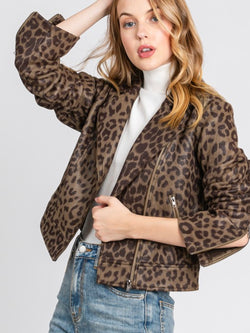 In The Wild Olive Leopard Faux Suede Moto Jacket