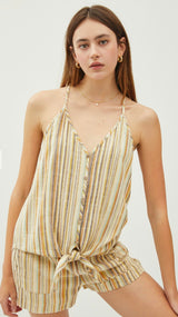 Multi Stripe Button Down Racerback Front Tie Tank