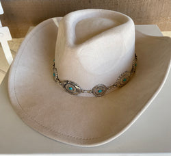 Beige Cowgirl Hat w/Silver & Turquoise Concho Band and Adjustable Fit