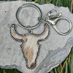 Western Bull Head Country Brown Steer Print Silver Keychain