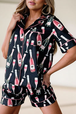 Champagne Black Silk Pajama Set - Button Down Short Sleeve & Shorts w/Pockets