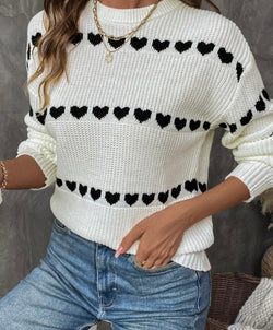 White & Black Heart Stripes Sweater