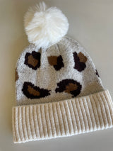 Griege Leopard Print Fur Pom Pom Beanie