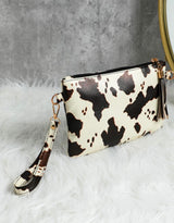 Cow Print Wristlet Clutch Bag w/Zipper Closure & Tassel