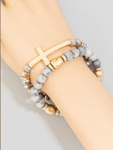 Gray Natural Stone & Gold Beads w/Cross Set of 2 Stretch Bracelets