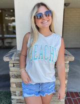 Beachy Puff Graphic Off White Relaxed Fit Mineral Washed Tank