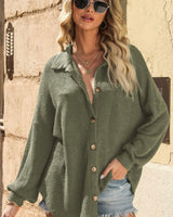 Olive Green Waffle Knit Button Down Top w/Front Pocket