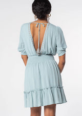 Austin Seafoam V-Neck Dress w/Taupe Embroidery Detail, Smocked Waist and Tie Back by Lovestitch