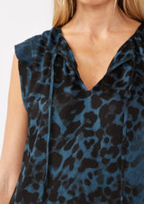 Midnight Blue & Black Print Split Neck W/Tie Sleeveless Top by Lovestitch