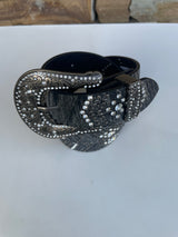 Black Metallic & Rhinestone Buckle Genuine Leather Cowgirl Belt - Size S/M