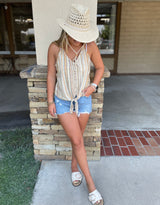 Multi Stripe Button Down Racerback Front Tie Tank