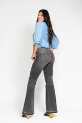 Judy Blue Gray Wash Mid Rise Tummy Control Flare Release Hem Jeans