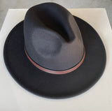 Black Short Flat Brim Fedora Hat w/Brown Strap & Adjustable Sizing