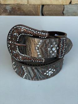 Brown Metallic & Rhinestone Buckle Genuine Leather Cowgirl Belt - Size S/M