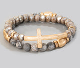 Gray Natural Stone & Gold Beads w/Cross Set of 2 Stretch Bracelets