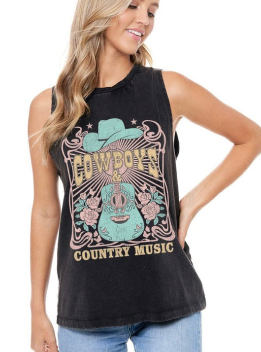 Cowboys & Country Music Black Vintage Graphic Tank