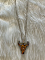 Silver Chain w/Rustic Bull Head Pendant Necklace