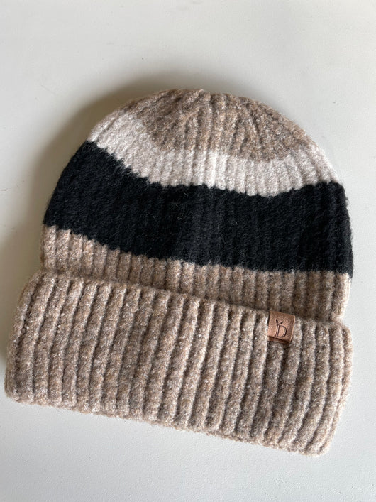 Taupe, Cream & Black Stripe Cuff Beanie