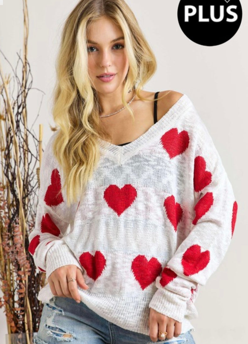 Lovely Red Heart Plus Size Lightweight Knit White V Neck Sweater