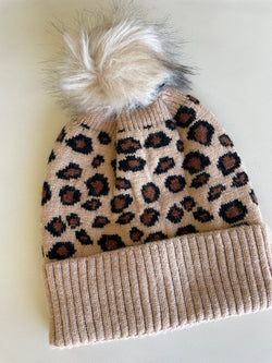 Tan Leopard Print Fur Pom Pom Beanie