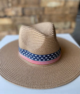 Tan Straw Sun Hat w/Stars & Stripes Band and Adjustable Fit