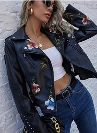 The Harley Black Moto Faux Leather Jacket w/Floral Embroidery and Zipper Closure