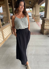 Black Textured Midi Skirt with Smocked Waistband, Round Hem & Pockets