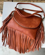 Brown Fringe Purse w/Double Pockets & Zipper Closure