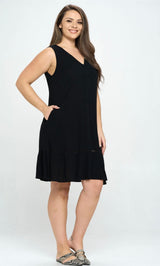 Black Flowy Summer Plus Size Dress w/Pockets and Ruffle Hem