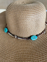 Tan Sun Hat w/Turquoise Beads, Chain & Rope Band and Adjustable Fit