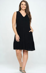 Black Flowy Summer Plus Size Dress w/Pockets and Ruffle Hem