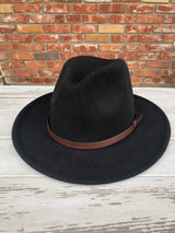 Black Short Flat Brim Fedora Hat w/Brown Strap & Adjustable Sizing