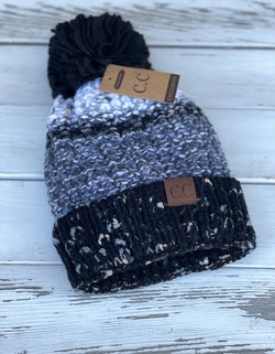 Black & Gray Multi-Stripe Beanie w/Pom Pom and Fur Lining