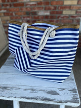 Navy Stripe Large Tote Bag w/Coin Purse and Rope Straps