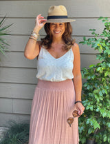 Clay Textured Midi Skirt w/Smocked Waistband & Round Hem