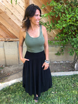 Black Textured Midi Skirt with Smocked Waistband, Round Hem & Pockets