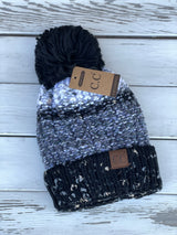 Black & Gray Multi-Stripe Beanie w/Pom Pom and Fur Lining